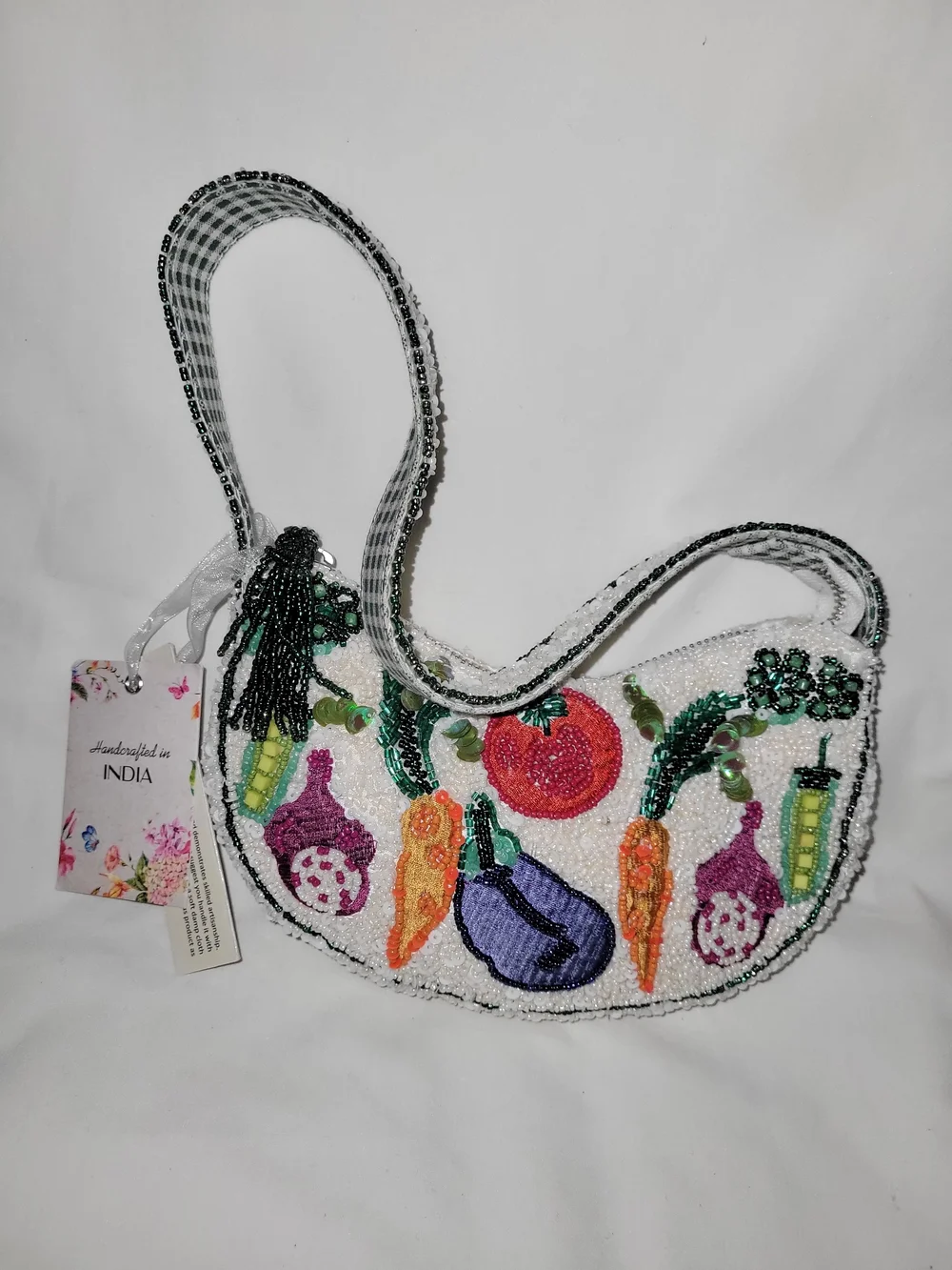 Handcrafted Beaded Vegetable Motif Shoulder Bag - White